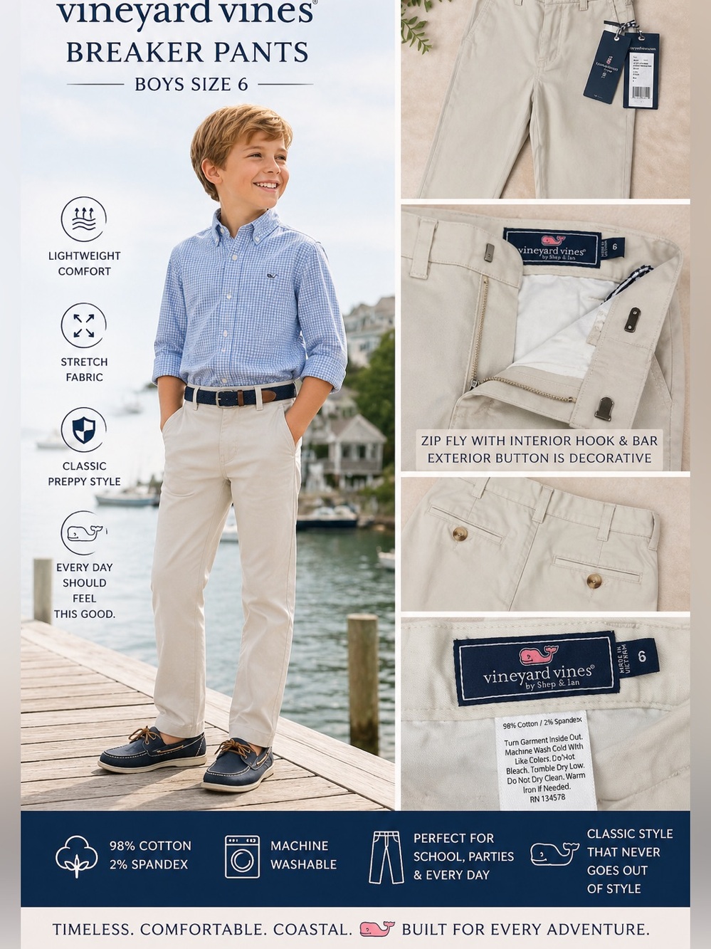 Vineyard Vines Boys Breaker Pants boys SZ 6 Stone Khaki Stretch Chino Preppy KID
